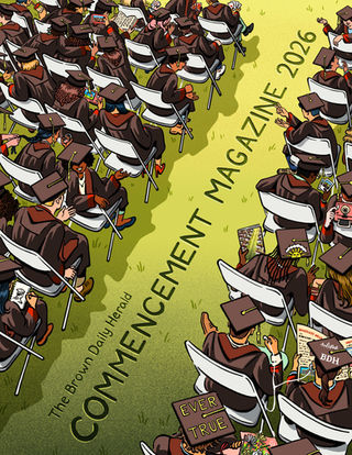 Illustration of students talking and playing together while sitting on rows of folding chairs and wearing graduation gowns and caps. Text says, "The Brown Daily Herald, Commencement Magazine 2026."