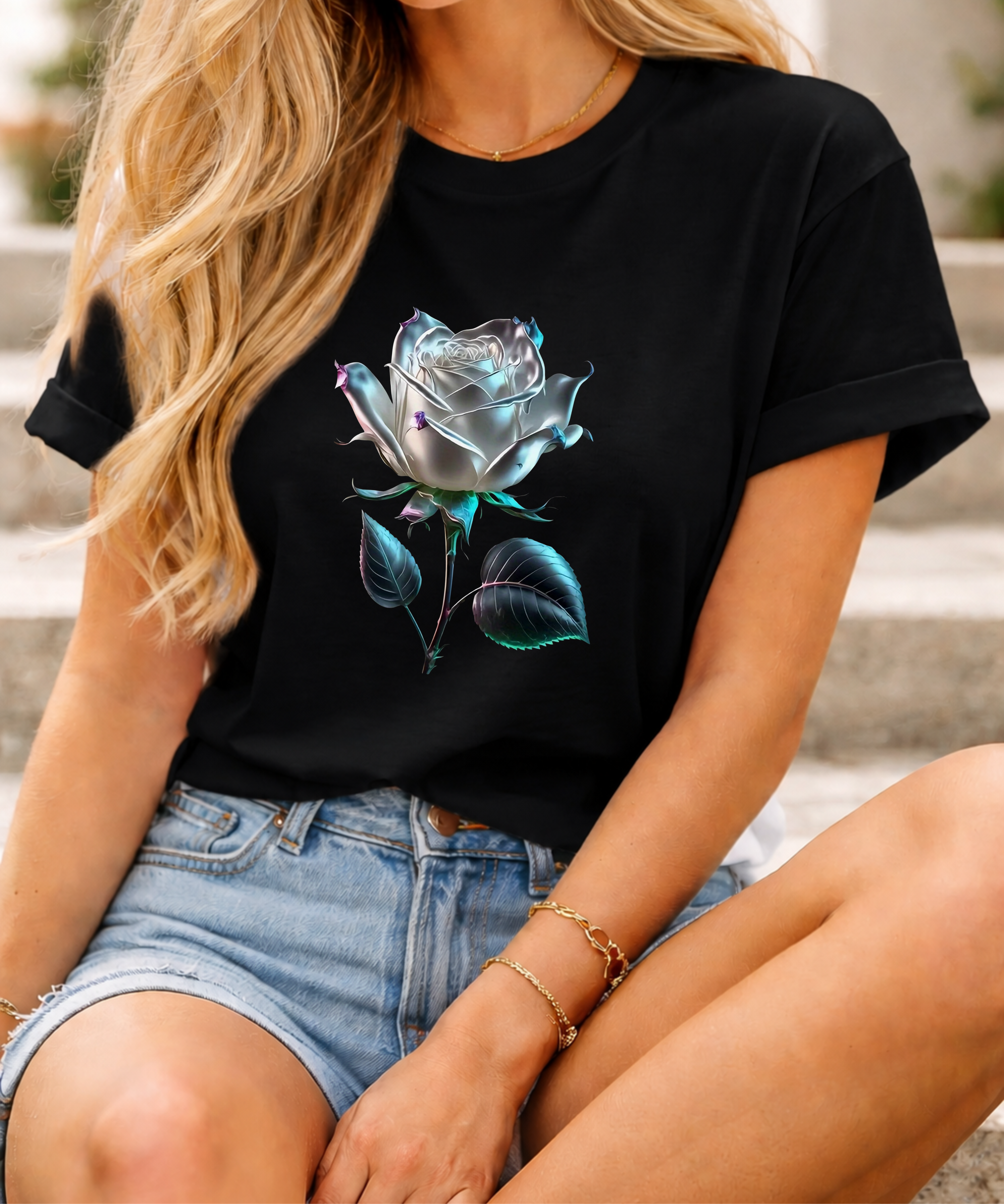Blue Rose Graphic T-Shirt, Gothic Rose Tee, Bella Canvas Shirt, Dark Floral