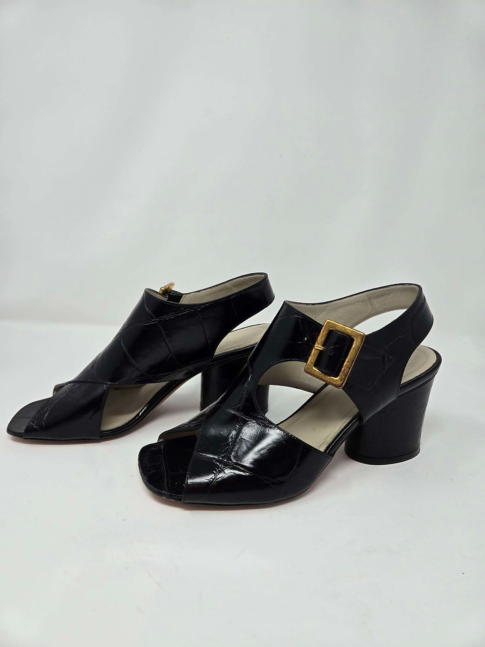 Thumbnail: Celine Black Croc Embossed Heeled Sandal Size 35.5