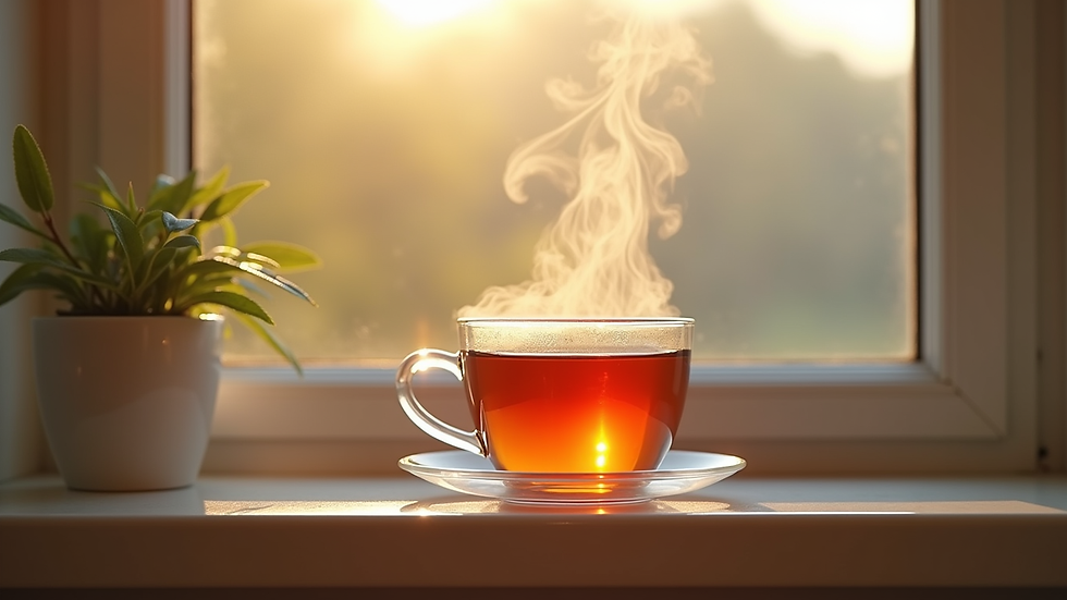 Close-up of a steaming cup of tea on a windowsill with soft morning light