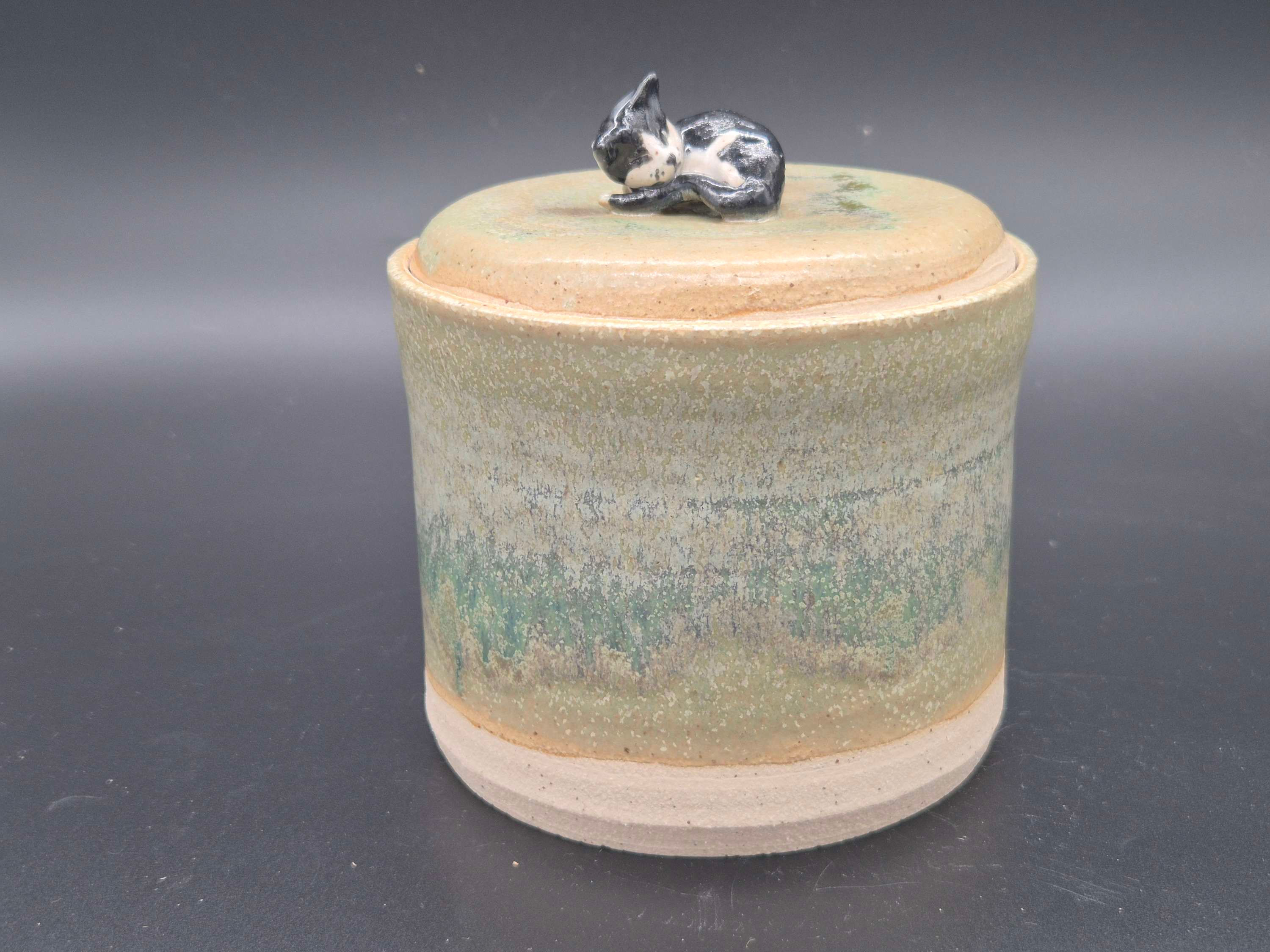 Black and white cat caddy/storage jar in variegated green