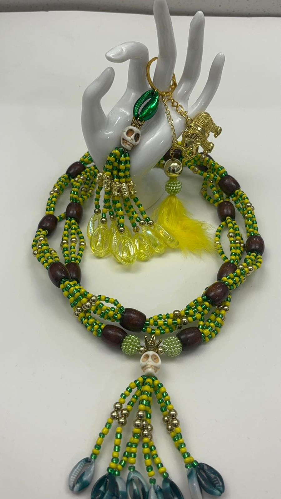 Miniatura: Collar Cabecero de Orula con Cuentas de Cristal y Pasos de Madera