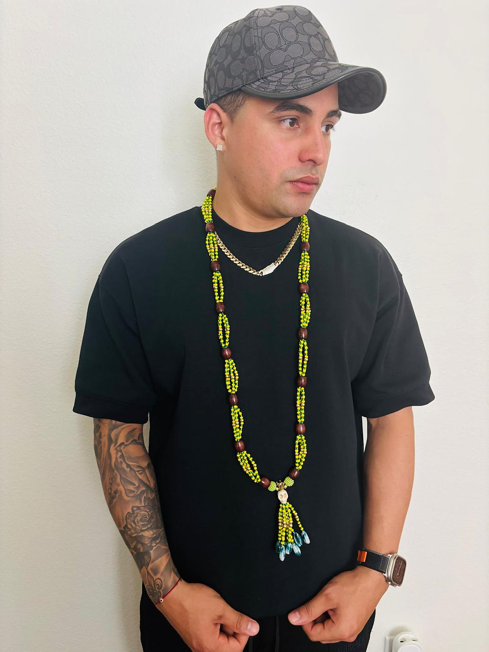 Miniatura: Collar Cabecero de Orula con Cuentas de Cristal y Pasos de Madera