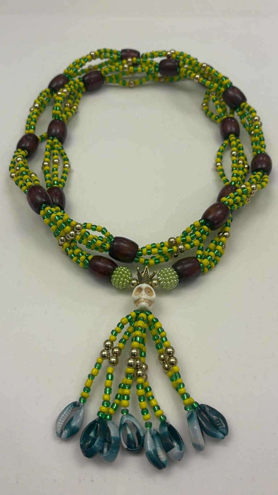 Miniatura: Collar Cabecero de Orula con Cuentas de Cristal y Pasos de Madera