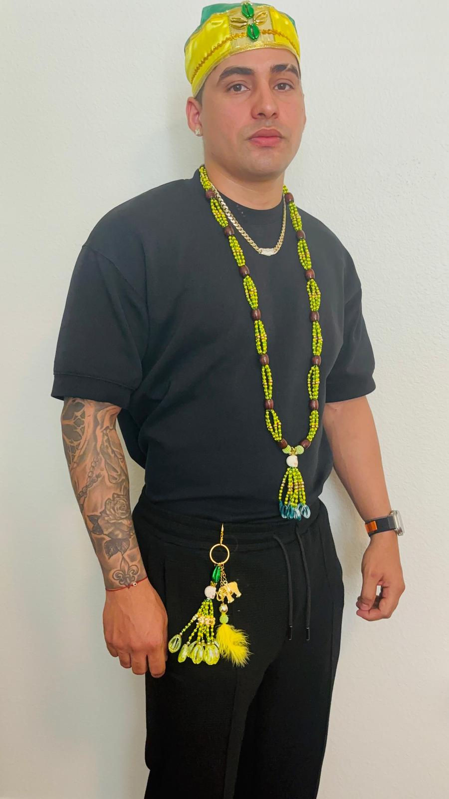 Miniatura: Collar Cabecero de Orula con Cuentas de Cristal y Pasos de Madera