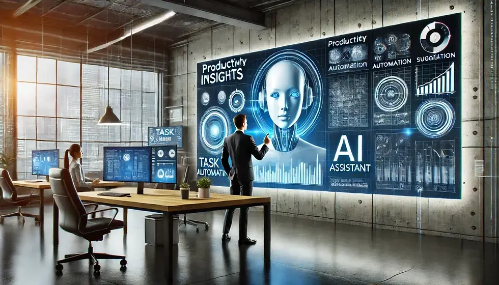 Modern office workspace featuring a professional at a desk interacting with a large digital display showing an AI assistant, productivity insights, data analytics, and automation dashboards, representing AI-driven workplace efficiency and decision-making.