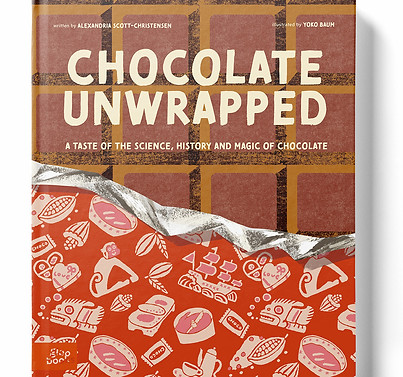 Cover of Chocolate Unwrapped, a children's nonfiction book illustrated by Yoko Baum, designed to look like a large chocolate bar with its wrapper partially peeled back.