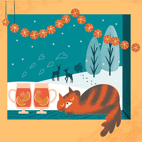 Cozy sleeping cat on a winter window sill with snowy pine tree view for holiday lifestyle illustration by Yoko Baum