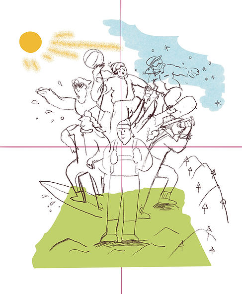 Editorial illustration sketch for 1859 Magazine showing people enjoying various outdoor activities across Oregon—concept layout exploring hiking, skiing, surfing, and birdwatching. Created by illustrator Yoko Baum.