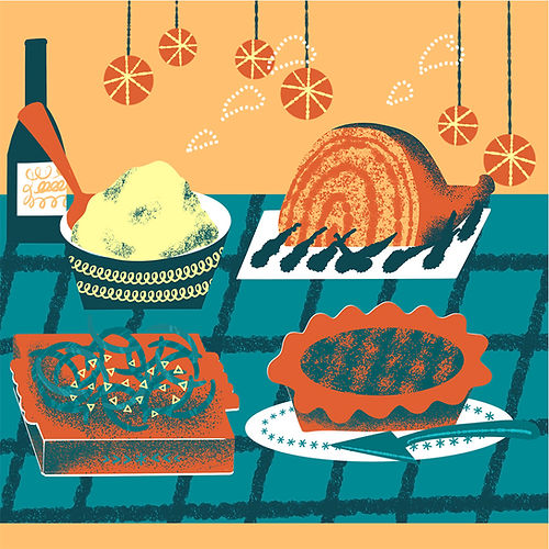 Christmas holiday food feast with roasted ham, mashed potatoes, and pie on a plaid tablecloth by Yoko Baum
