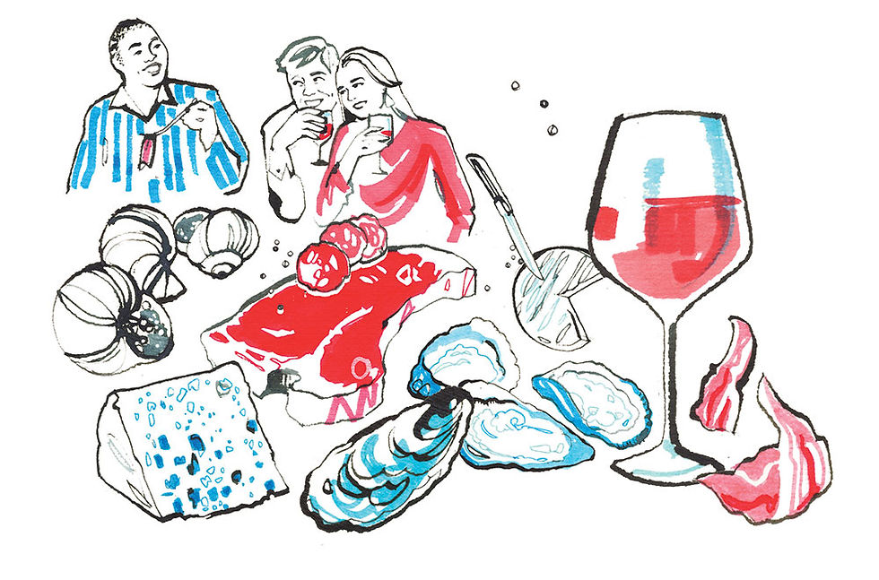 Illustration-of-people-eating-French-Food-and-drinking-French-Wine-Cheese-Meat-Sausages-Oysters-Snails-by-Veronica-DallAntonia