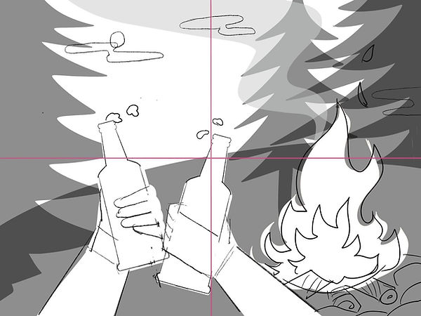 People cheers by the campfire, Sketch for Editorial lifestyle Illustration by Yoko Baum