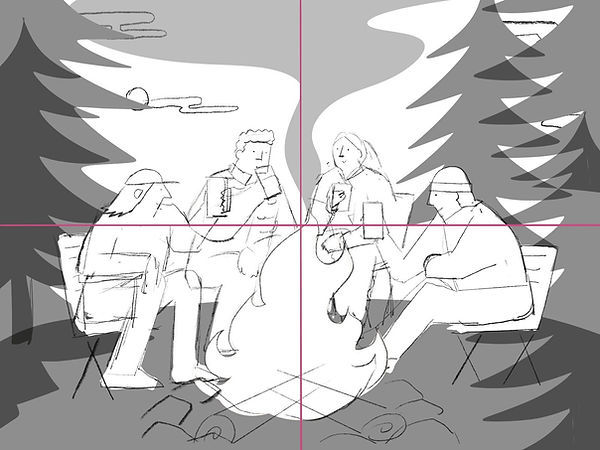 A Scene of Gathering around Campfire, Sketch of Outdoor Lifestyle Illustration by Yoko Baum