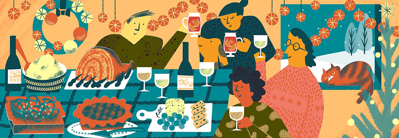 People gathering around a festive holiday dinner table enjoying roasted ham, pie, and wine for Christmas lifestyle illustration by Yoko Baum