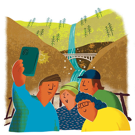 Editorial spot illustration of a group of people taking photos at the base of Multnomah Falls, Oregon — created by Yoko Baum for 1859 Magazine’s overtourism feature.