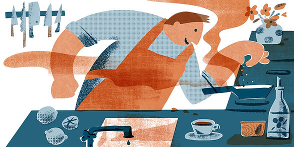 People Cooking with passion and Love in His Favorite Kitchen, Food Illustration with Risog