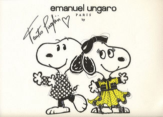 sketch of two dogs wearing a polka dot shot and dotted dress with the words "emanual ungaro Paris" above