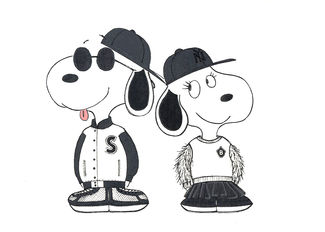 black and white sketch of 2 dogs wearing baseball hats, sunglasses and sport jackets