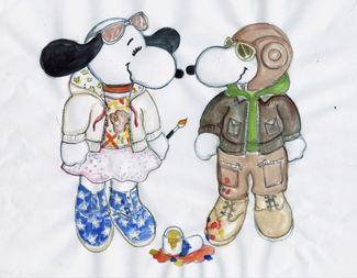 sketch of two dogs wearing a pink hoodie and tutu, and pilots headwear, jacket and pants