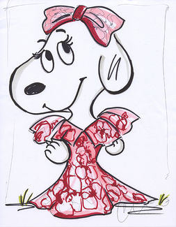 sketch of a dog wearing a pink gown and bow on her head