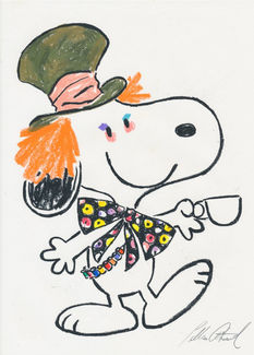 sketch of a dog with orange hair wearing a top hat and colorful bowtie