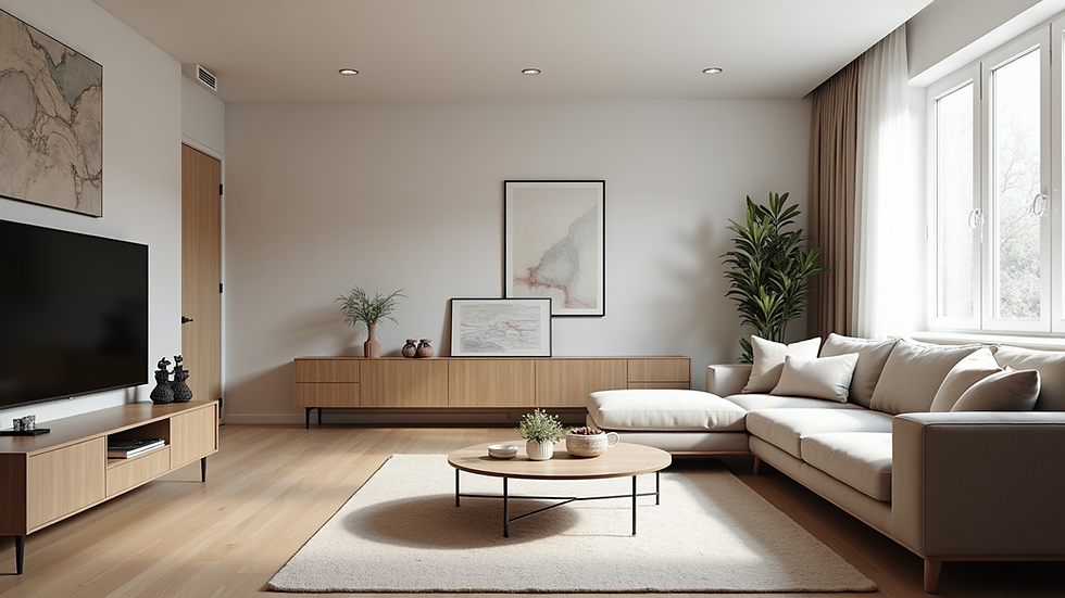 Eye-level view of a clean and tidy living room in a London flat