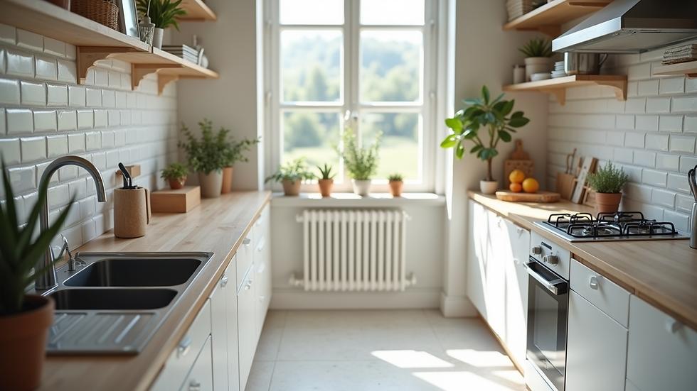High angle view of a clean and organised kitchen after deep cleaning
