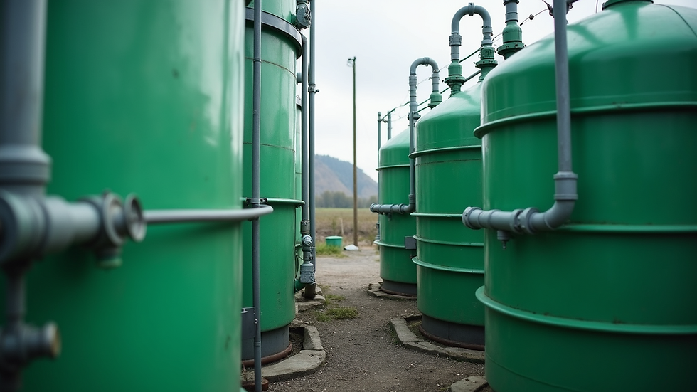 Close-up view of a biogas plant with green tanks and pipes