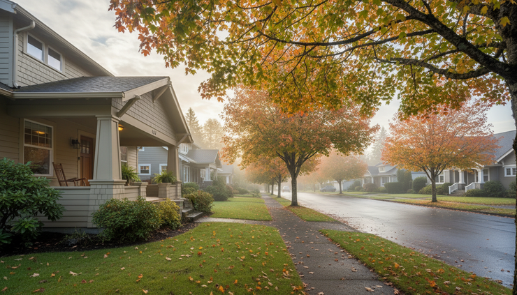 Wide-angle view of a Washington neighborhood with early fall trees and a craftsman home.