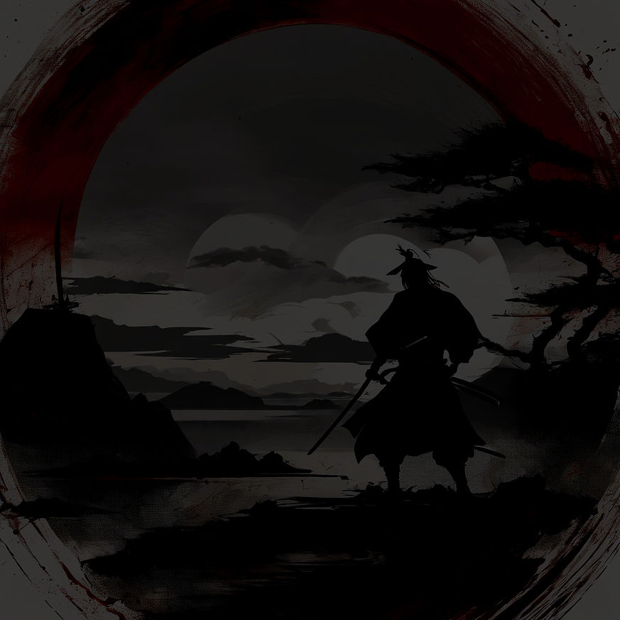 historically accurate samurai warrior silhouette with the curved sword drawn and a dramati