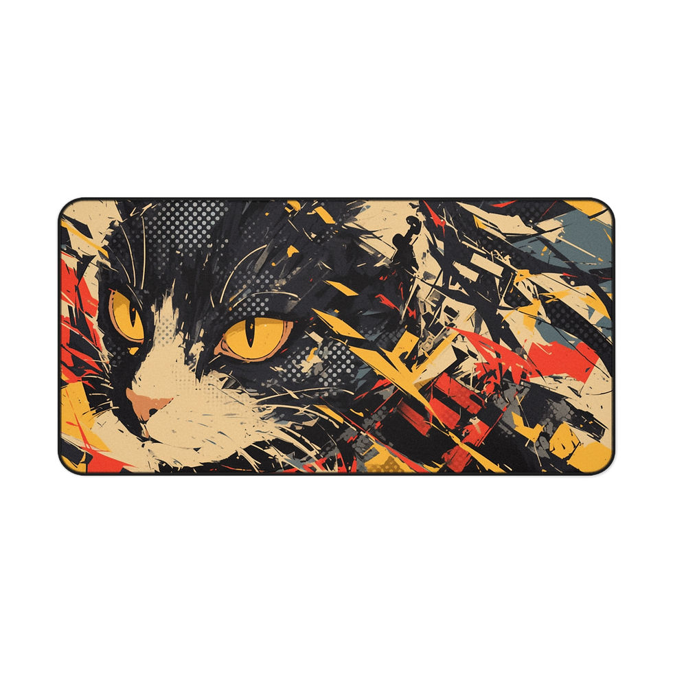 Thumbnail: Urban Chaos Cat Desk Mat – Bold Black Cat with Gold Eyes Design