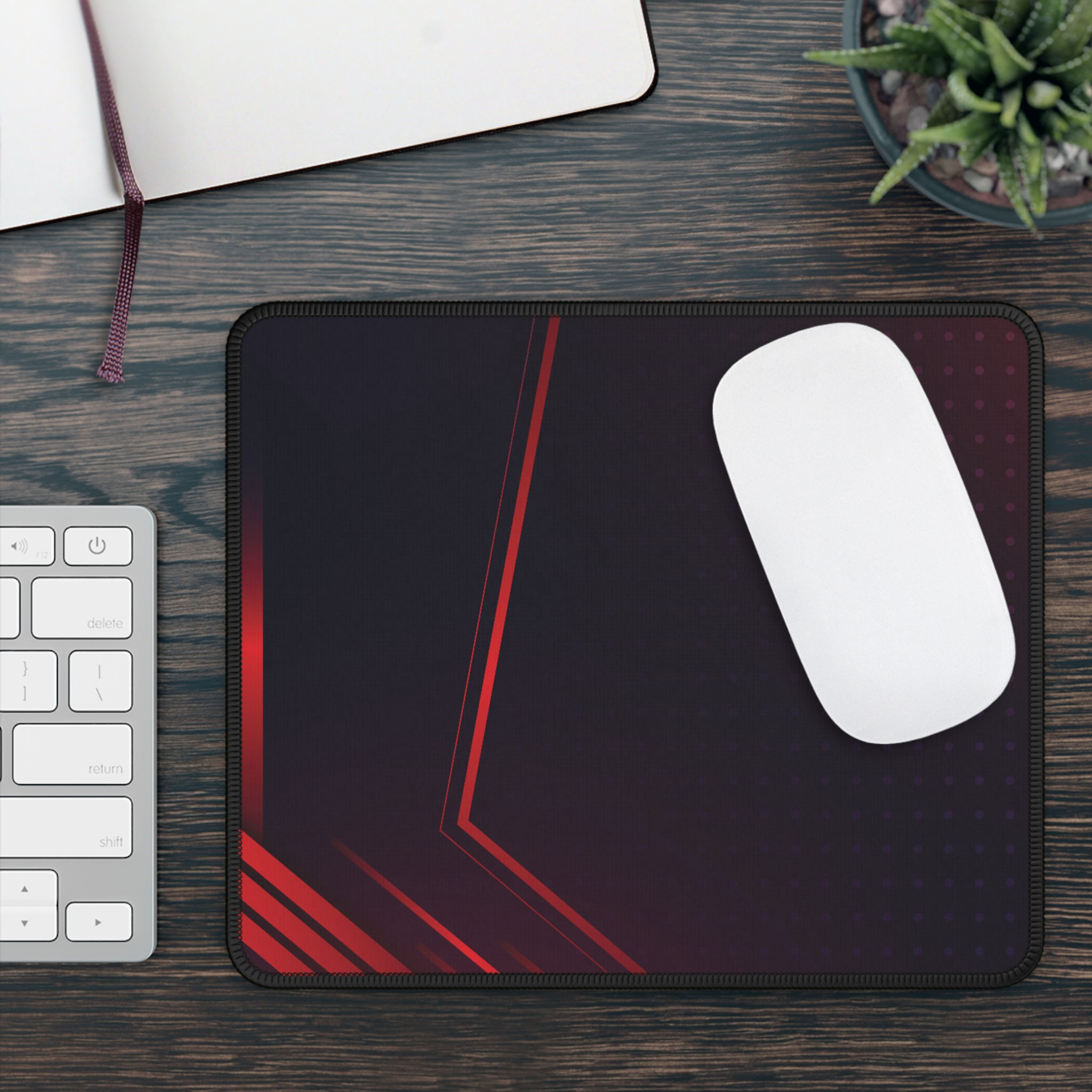 Black Geometric Desk Mat with Red Futuristic Accent Lines