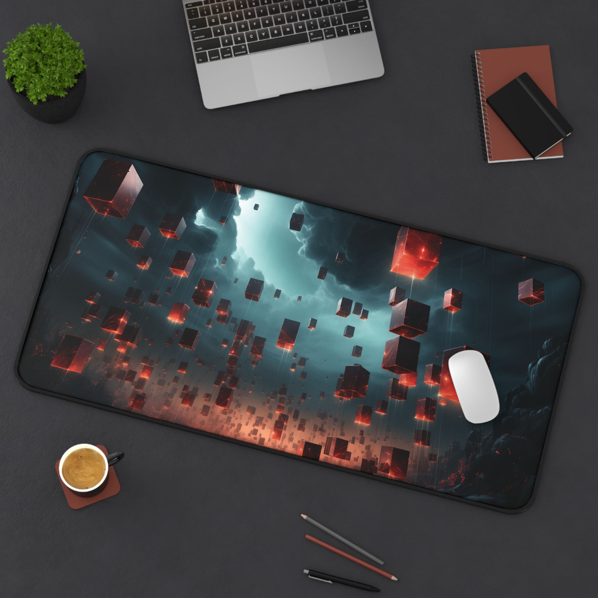 Falling Red Cubes Mousepad – Surreal Sci-Fi Desk Mat for Gamers & Creators