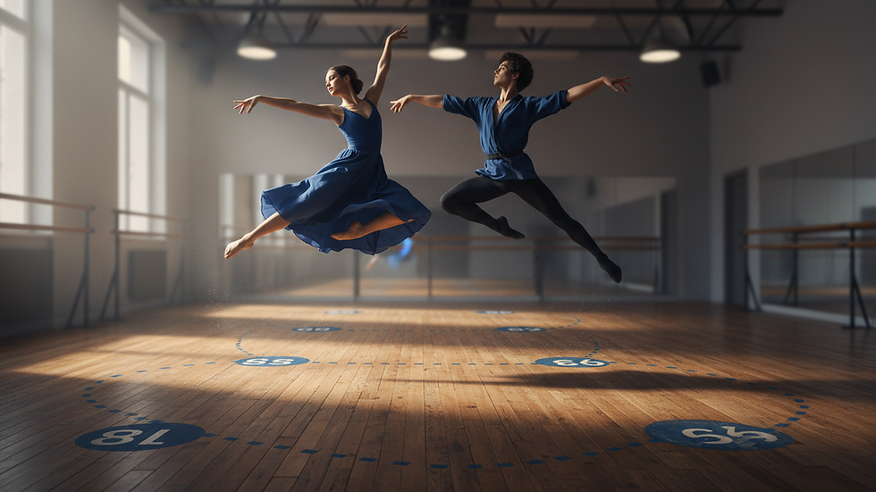 Eye-level view of a dance studio floor with marked spots for foot placement
