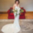 Thumbnail: bride with beautiful fitted wedding dress with a long train and made of this intricate modern lace.