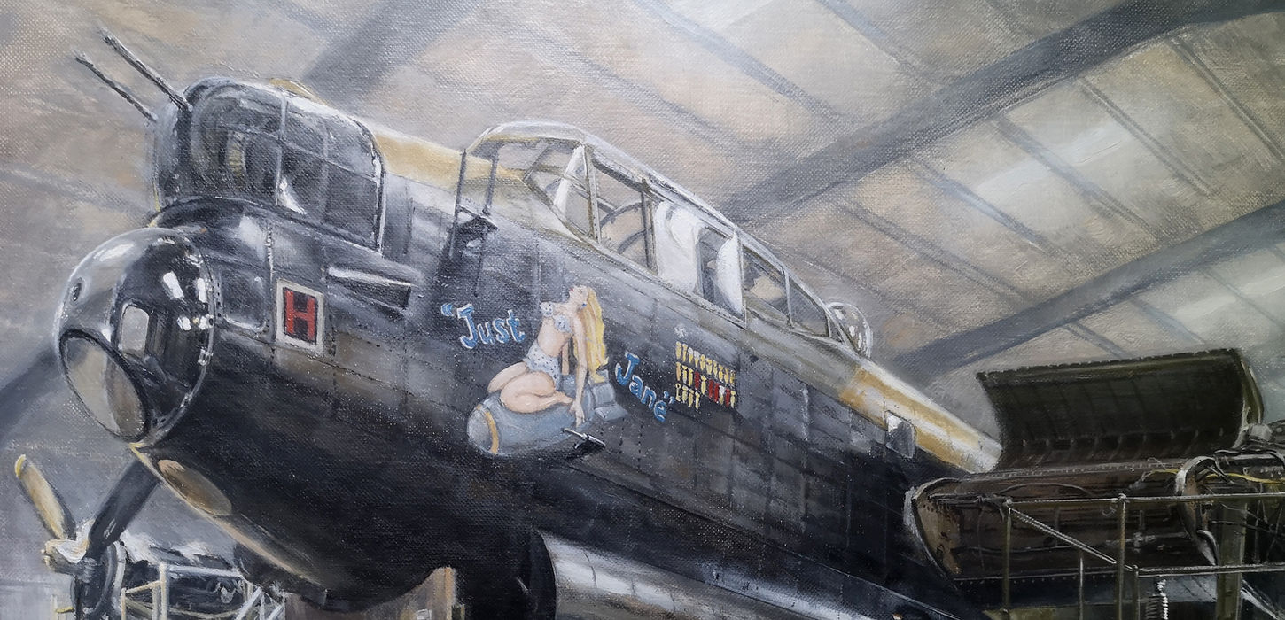 russ proctor aviation art oil painting ww2 avro Lancaster airplane justjane hanger