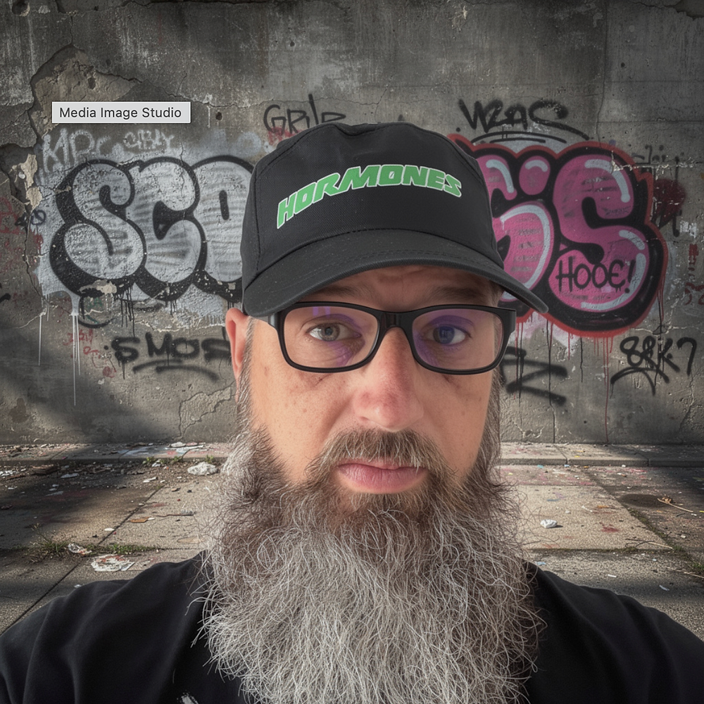 Man met punkrock pet voor een wand met graffiti
