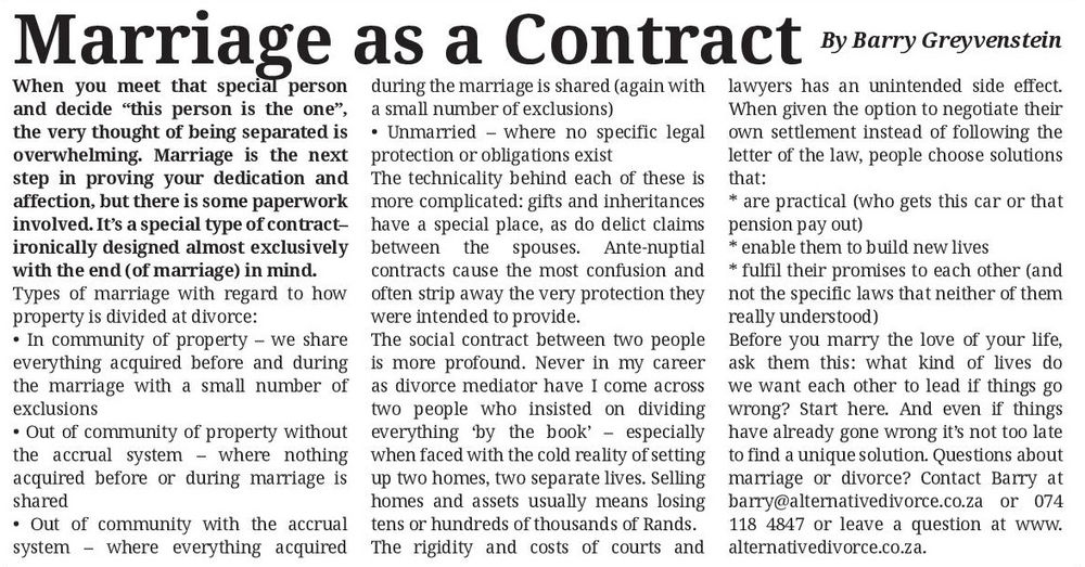 Newspaper Article Marriage as a Contract