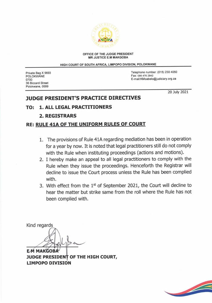 Directive by judge president to strike unmediated cases from high court