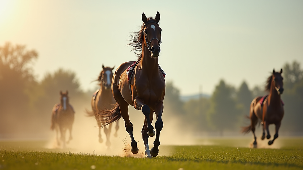 Eye-level view of a majestic racehorse in full gallop