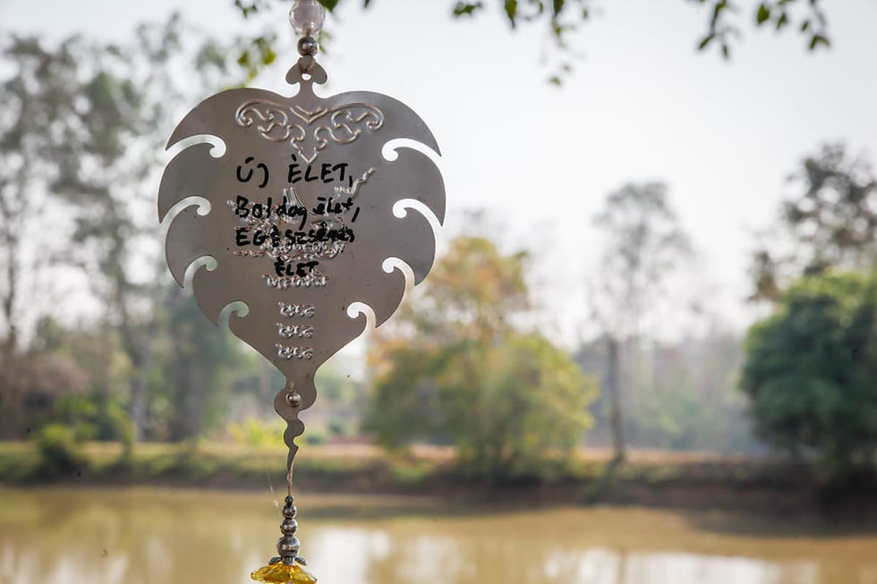 A close up of wind chime with lake in the background