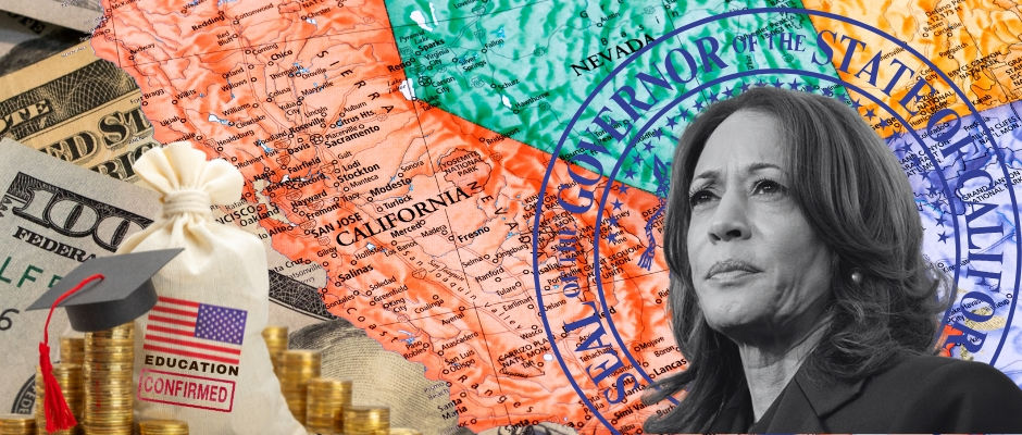 Collage of California map, US money, a graduation cap, coins, a state seal, and Kamala Harris in a suit, representing government, education, and finance in California.