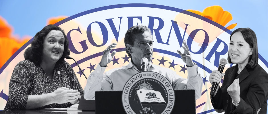 Composite image of Katie Porter, Antonio Villaraigosa, and Eleni Kounalakis speaking at microphones in front of a large "Governor" emblem, with California poppies in the background.