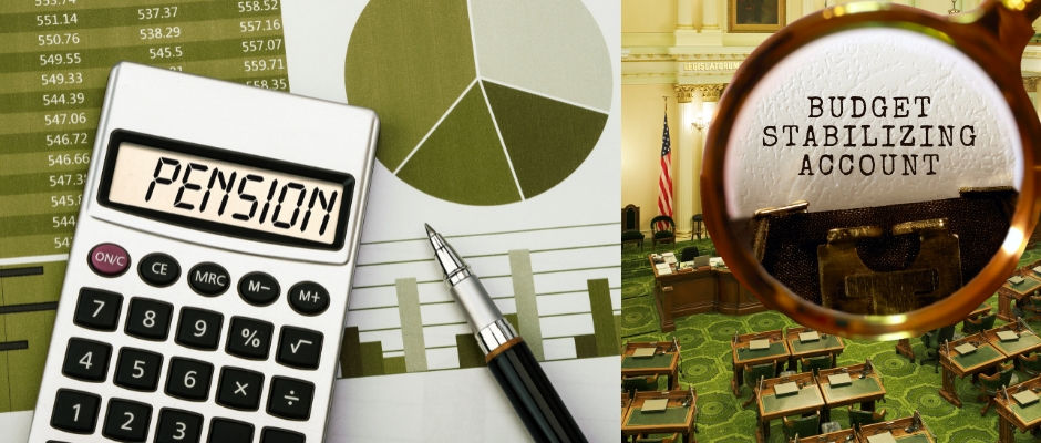 A calculator displaying "PENSION," financial charts, and a magnifying glass highlighting "BUDGET STABILIZING ACCOUNT" over California State Assembly chamber.