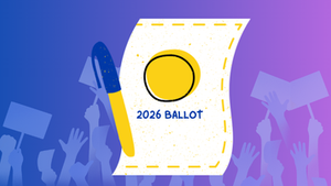 Illustration of a 2026 ballot and pen in front of a crowd holding signs, representing California’s November ballot measures.