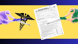 Two hands holding scissors appear to cut a medical symbol and a tax form against a yellow and purple background, symbolizing health care funding cuts and state tax policy changes.