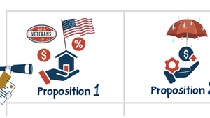 Illustration comparing California Propositions 1 and 2, with a woman looking through a telescope toward symbols representing veterans’ housing, affordable housing, and the state Rainy Day Fund.