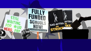 Protest signs reading “Fully Funded Schools Now,” “Still Waiting for Our Hero Pay,” and “SAG-AFTRA on Strike,” layered over silhouettes of raised fists and a ballot box, symbolizing labor actions and political engagement across California.