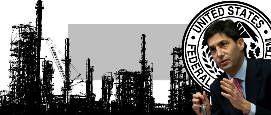 Federal Reserve nominee Kevin Warsh speaking in front of a Federal Reserve seal, with oil refinery infrastructure in the background symbolizing economic markets, energy prices, and global financial volatility.
