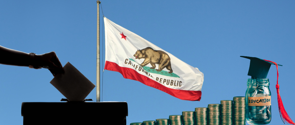 A ballot is placed into a ballot box beside a California flag, with stacks of coins and an education jar representing the connection between ballot measures and school funding.